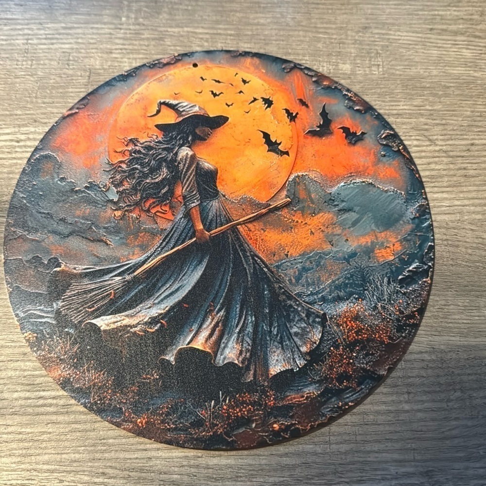 BEAUTIFUL WITCH AND BAT TIN DECORATIVE SIGN